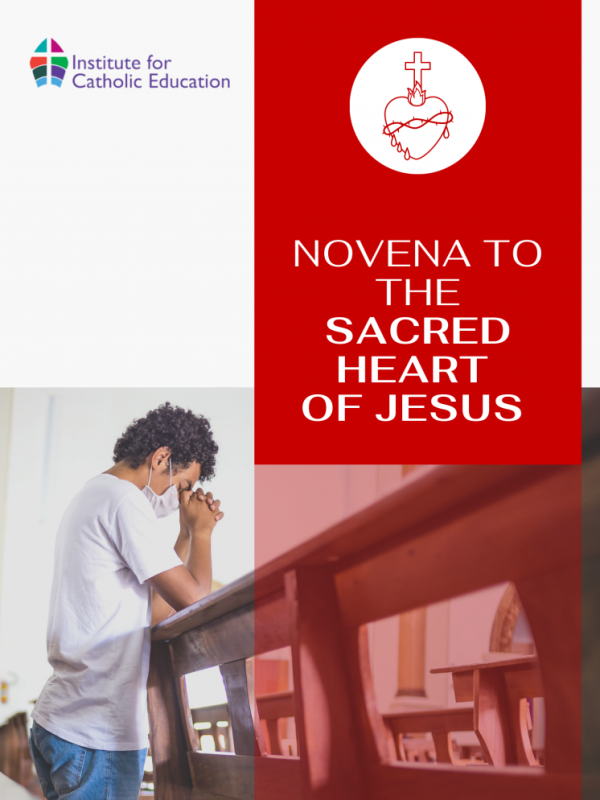 Cover Page of the Novena to the Sacred Heart of Jesus, with a teenage boy praying in a pew